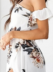 Slash Neck Floral Printed Slit Irregular Dress