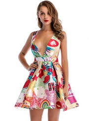 Deep V Neck Backless Floral Printed Mini Dress