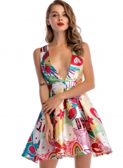 Deep V Neck Backless Floral Printed Mini Dress