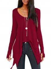 Fashion Scoop Neck Solid Color Long Sleeve Irregular Tees