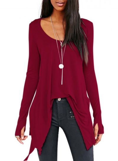 Fashion Scoop Neck Solid Color Long Sleeve Irregular Tees
