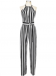 Halter Backless Striped Printed Jumpsuits With Belt