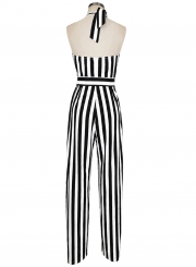 Halter Backless Striped Printed Jumpsuits With Belt