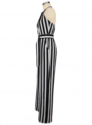 Halter Backless Striped Printed Jumpsuits With Belt