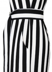 Halter Backless Striped Printed Jumpsuits With Belt