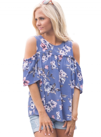 Round Neck Off the Shoulder Floral Printed Blouse YOUYOUFASHIONEC.com