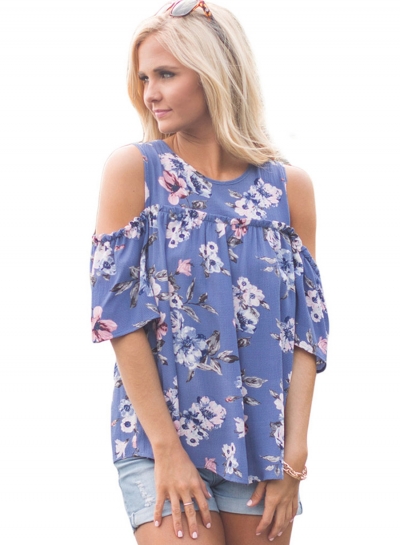 Round Neck Off the Shoulder Floral Printed Blouse STYLESIMO.com