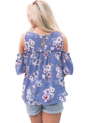Round Neck Off the Shoulder Floral Printed Blouse