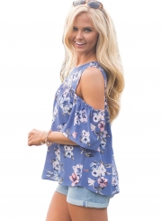 Round Neck Off the Shoulder Floral Printed Blouse