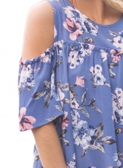 Round Neck Off the Shoulder Floral Printed Blouse