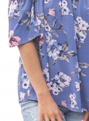 Round Neck Off the Shoulder Floral Printed Blouse