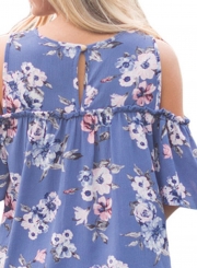 Round Neck Off the Shoulder Floral Printed Blouse