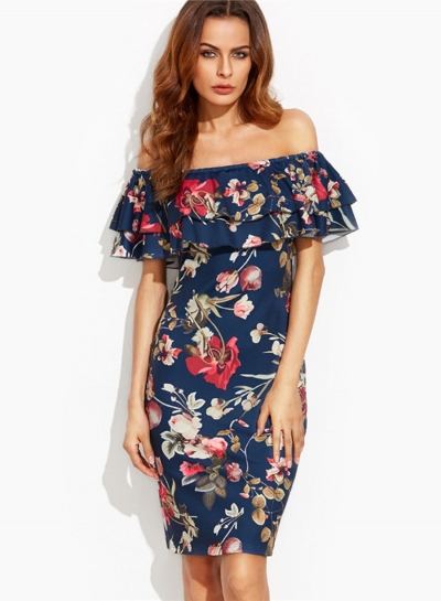 Slash Neck Off the Shoulder Floral Printed Bodycon Dress YOUYOUFASHIONEC.com