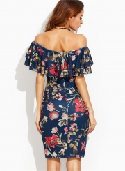 Slash Neck Off the Shoulder Floral Printed Bodycon Dress