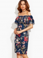 Slash Neck Off the Shoulder Floral Printed Bodycon Dress