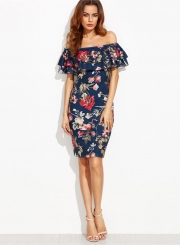 Slash Neck Off the Shoulder Floral Printed Bodycon Dress