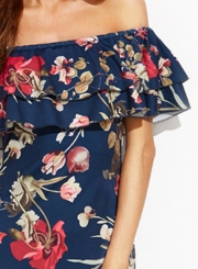 Slash Neck Off the Shoulder Floral Printed Bodycon Dress