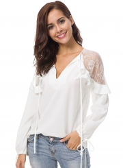 V Neck Lace Joint Lantern Sleeve Blouse