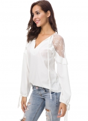 V Neck Lace Joint Lantern Sleeve Blouse