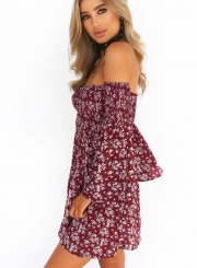 Off the Shoulder Flare Sleeve Floral Printed Dress