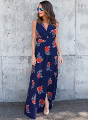 Floral Printed Backless Slit Maxi Dress