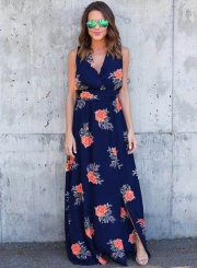 Floral Printed Backless Slit Maxi Dress