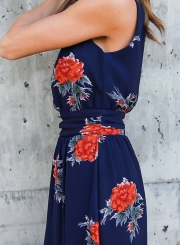 Floral Printed Backless Slit Maxi Dress