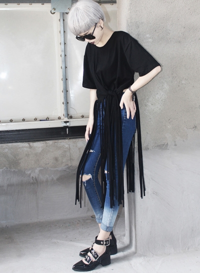 Round Neck Short Sleeve Tassel Tee Shirt YOUYOUFASHIONEC.com