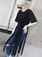 Round Neck Short Sleeve Tassel Tee Shirt