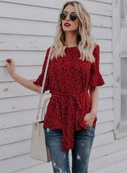 Fashion Round Neck Flare Sleeve Polka Dot Blouse With Belt