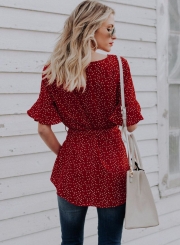 Fashion Round Neck Flare Sleeve Polka Dot Blouse With Belt