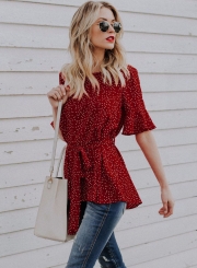 Fashion Round Neck Flare Sleeve Polka Dot Blouse With Belt