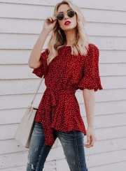 Fashion Round Neck Flare Sleeve Polka Dot Blouse With Belt