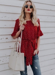 Fashion Round Neck Flare Sleeve Polka Dot Blouse With Belt