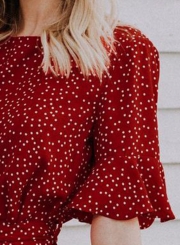 Fashion Round Neck Flare Sleeve Polka Dot Blouse With Belt