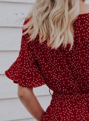 Fashion Round Neck Flare Sleeve Polka Dot Blouse With Belt