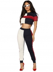 Color Blcok Crop Top Pants 2 Piece Set