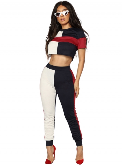 Color Blcok Crop Top Pants 2 Piece Set YOUYOUFASHIONEC.com