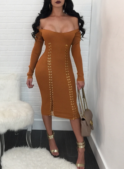 Off Shoulder Long Sleeve Lace-up Bodycon Dress YOUYOUFASHIONEC.com