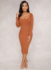 Off Shoulder Long Sleeve Lace-up Bodycon Dress