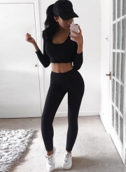 Fashion Long Sleeve Crop Top 2 Piece Pants Set