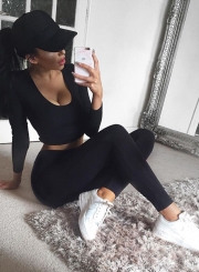 Fashion Long Sleeve Crop Top 2 Piece Pants Set