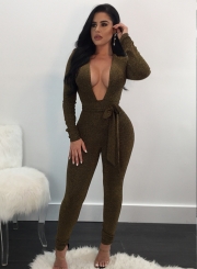 Deep V Neck Long Sleeve Slim Fit Jumpsuit with Belt