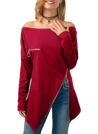 Zipper Embellished Asymmetric Hem Blouse YOUYOUFASHIONEC.com