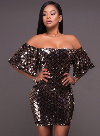 Off the Shoulder Short Sleeve Sequins Bodycon Dress YOUYOUFASHIONEC.com