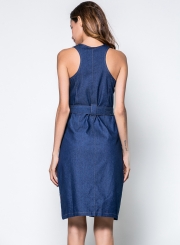 Sleeveless Round Neck Slit Denim Dress with Zipper