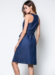 Sleeveless Round Neck Slit Denim Dress with Zipper