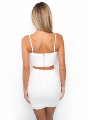 Fashion White Sexy Spaghetti Strap Lace Up V Neck Dress Outfit