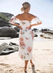 Off Shoulder Floral Printed Short Sleeve Irregular Dress