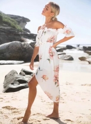 Off Shoulder Floral Printed Short Sleeve Irregular Dress